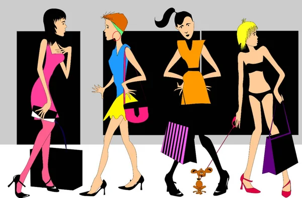 Alışveriş Kızları Modern Vektör Çizimi — Stok Vektör