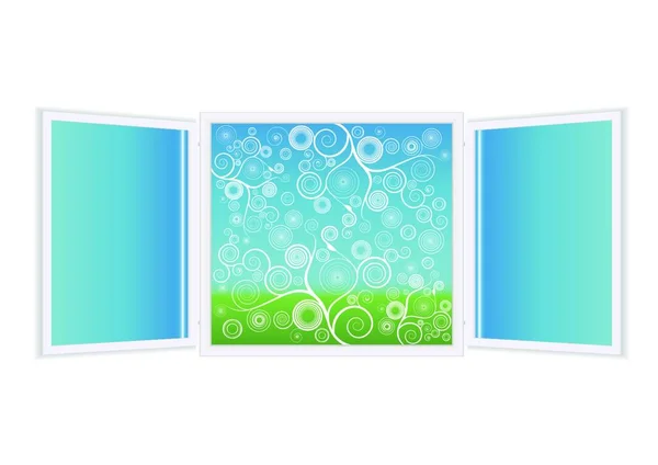 Illustration Fenêtre Ouverte Avec Scénique Recouvert Spirale Florale — Image vectorielle