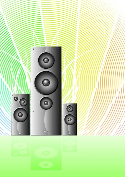 Three Music Speakers Rainbow Lined Background — Stock Vector