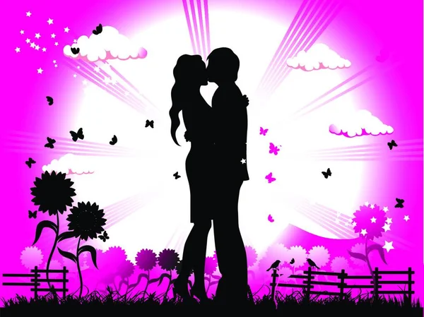 Couple Baisers Sur Une Prairie Silhouette Noire — Image vectorielle