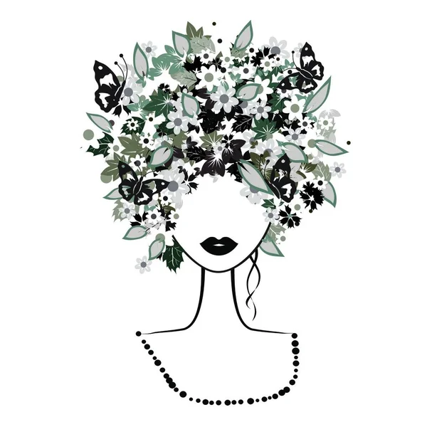 顔の女性 花の髪型 — ストックベクタ