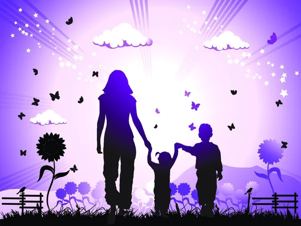 Heureuses Promenades Famille Sur Nature Coucher Soleil — Image vectorielle