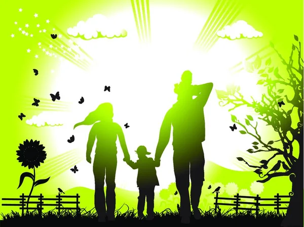 Gelukkige Familie Wandelingen Natuur Zonsondergang — Stockvector