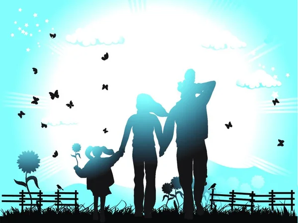 Heureuses Promenades Famille Sur Nature Coucher Soleil — Image vectorielle
