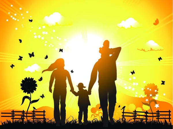 Šťastné Rodinné Procházky Přírodě Západ Slunce — Stockový vektor