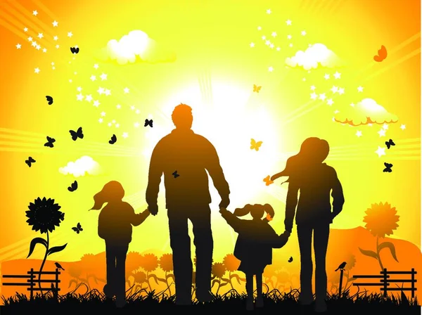 Gelukkige Familie Wandelingen Natuur Zonsondergang — Stockvector