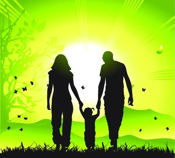 Keluarga Bahagia Berjalan Alam Matahari Terbenam - Stok Vektor