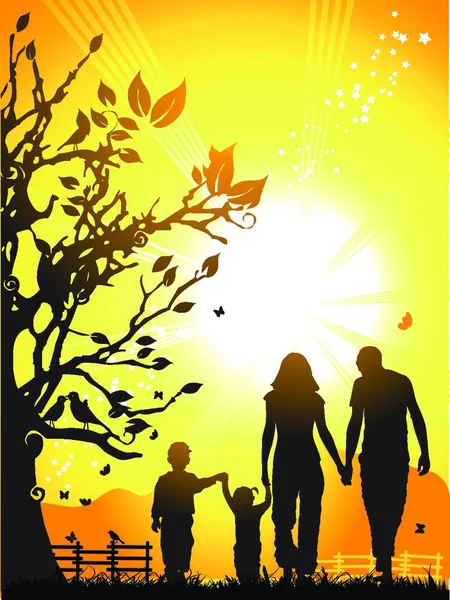 Keluarga Bahagia Berjalan Alam Matahari Terbenam - Stok Vektor