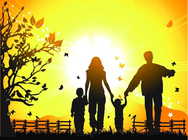 Happy Family Walks Nature Sunset — Stock Vector