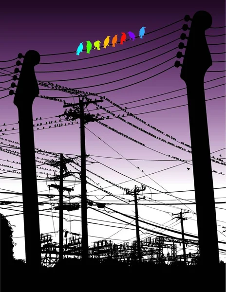 Electric Guitar Birds Telephone Poles — Stock Vector