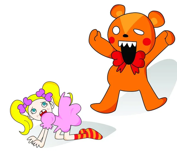Mädchen Und Horror Teddybär Vektor Illustration — Stockvektor