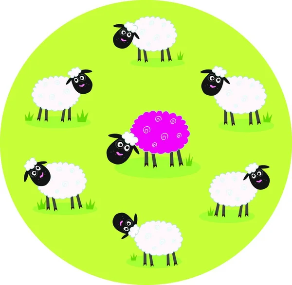 Una Pecora Rosa Sola Nel Mezzo Della Famiglia Pecore Bianche — Vettoriale Stock