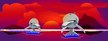 Gün batımı zıplayan yunuslar, grafik vektör çizimi