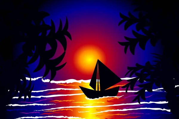 Barco Mar Pôr Sol Vetor Ilustração —  Vetores de Stock