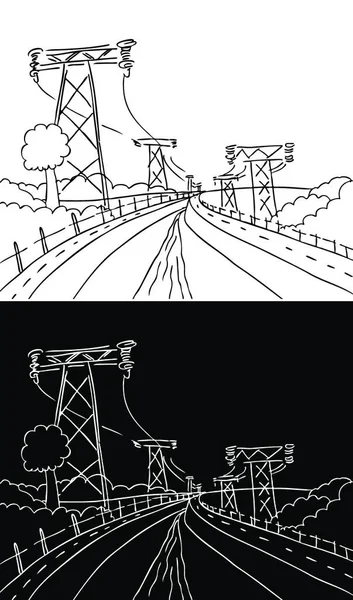 Kraftledningar Dammen Landskap Grafisk Vektor Illustration — Stock vektor