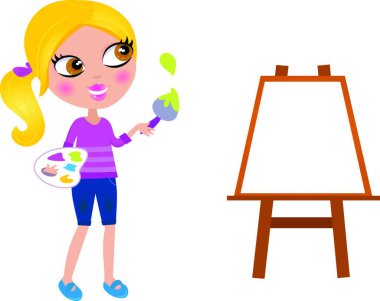 boya fırçası ile karikatür mutlu küçük ressam kız