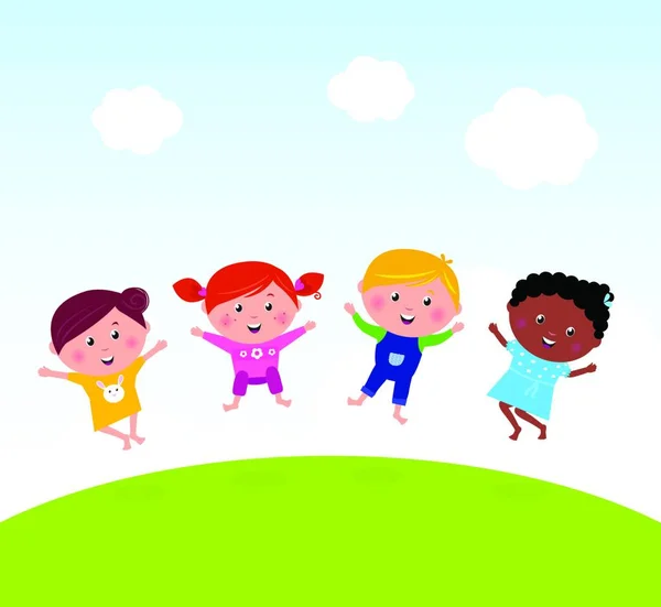 Happy Group Multicultural Kids Jumping Summer Meadow Illustration Vectorielle Graphique — Image vectorielle