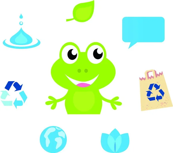 Cute Green Frog Character Ecology Nature Water Icons Symbols — Stock Vector