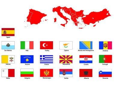 Güney Avrupa Bayrakları, grafik vektör illüstrasyonu
