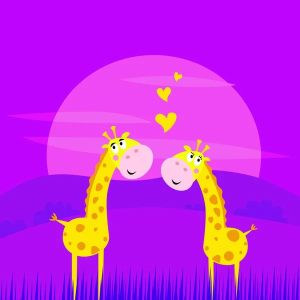 Two Yellow African Giraffes Love Colorful Vector Illustration — Stock Vector
