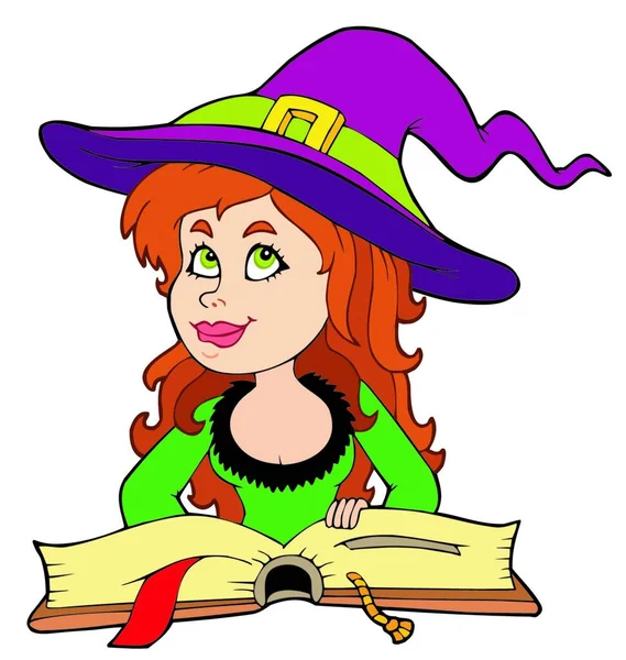 可爱的少女女巫读物 彩色矢量插图 — 图库矢量图片