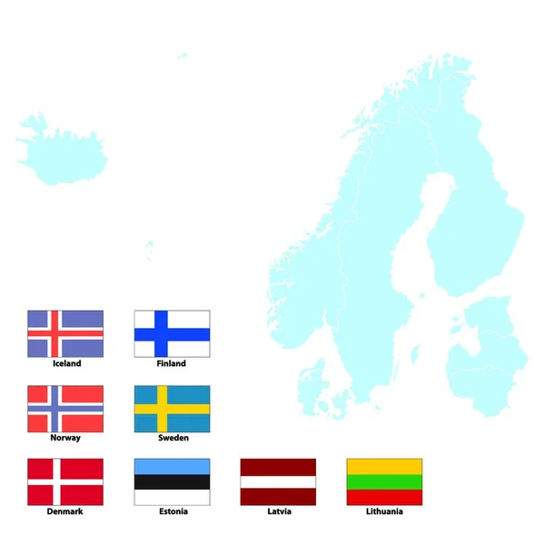 Mappa Bandiere Del Nord Europa Illustrazione Vettoriale — Vettoriale Stock