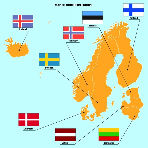 Mappa Bandiere Del Nord Europa Illustrazione Vettoriale — Vettoriale Stock