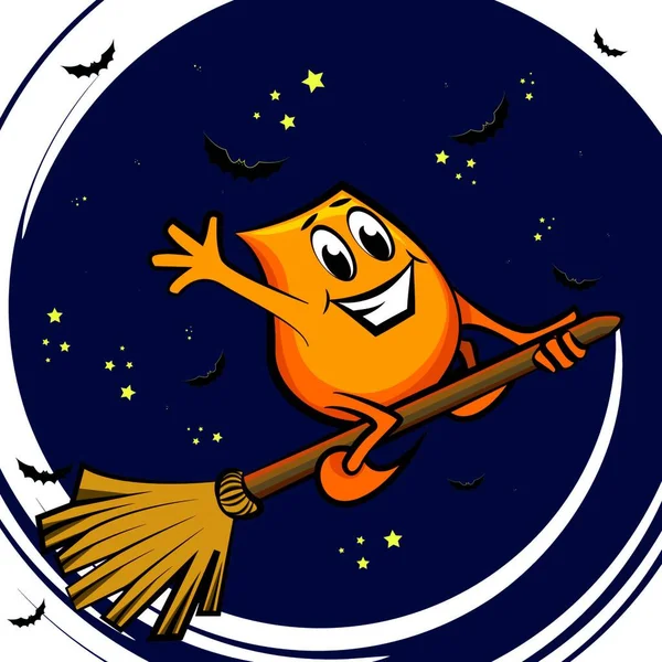 Zeichentrickfigur Auf Dem Besen Der Sternenklaren Nacht — Stockvektor