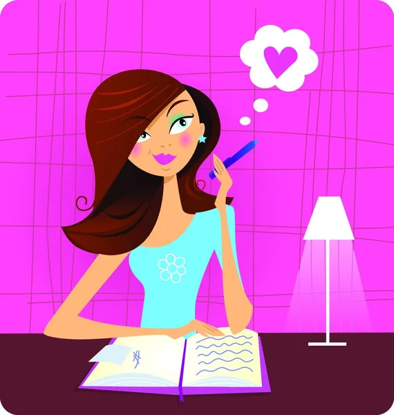 Adolescente Chica Escribiendo Diario Soñando Con Amor — Vector de stock
