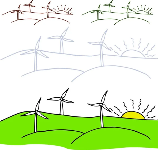Barevné Vektorové Ilustrace Větrných Turbín — Stockový vektor