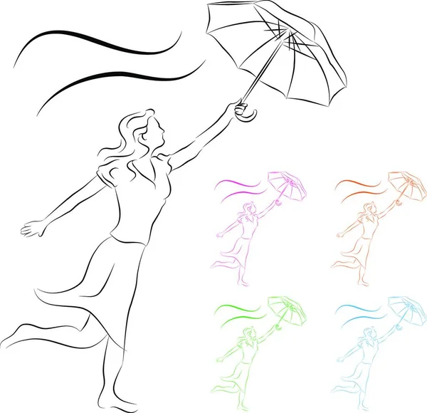 Žena Drží Deštník Barevné Vektorové Ilustrace — Stockový vektor