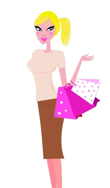 Shopping Femme Portant Des Sacs Provisions Isolé Sur Blanc Illustration — Image vectorielle