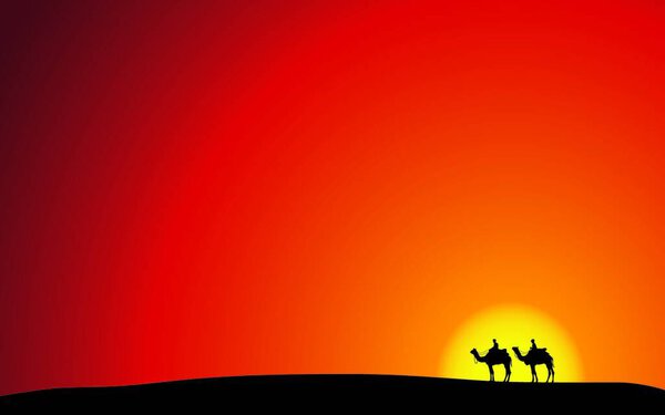 Camels at Sunset, graphic vector illustration