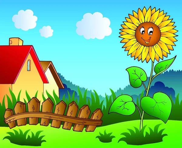 Wiese Mit Cartoon Sonnenblume — Stockvektor