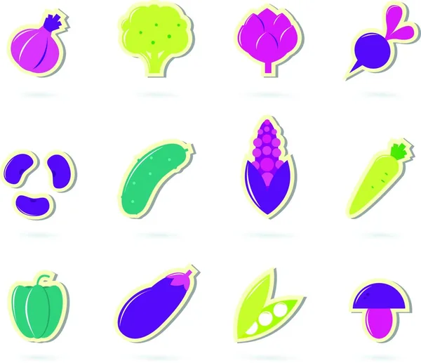 Stylisé Rétro Légumes Icônes Isolé Sur Blanc Rose Vert — Image vectorielle