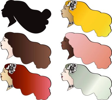 Altı kadın yüzü, basit vektör illüstrasyonu 
