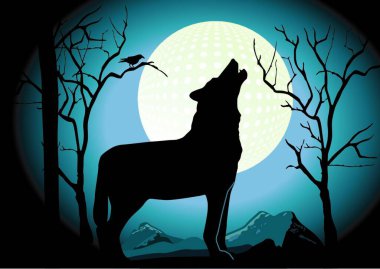 Wolf in the Night, vektör illüstrasyon basit tasarım