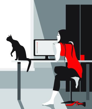 Kadın bilgisayarda çalışıyor, vektör çizimi basit tasarım