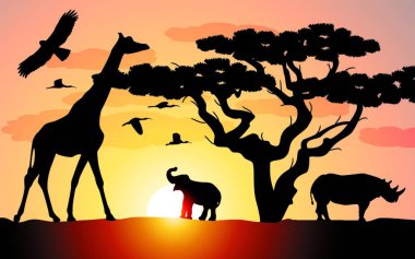 Savanadaki Afrika hayvanları, renkli çizimler. 