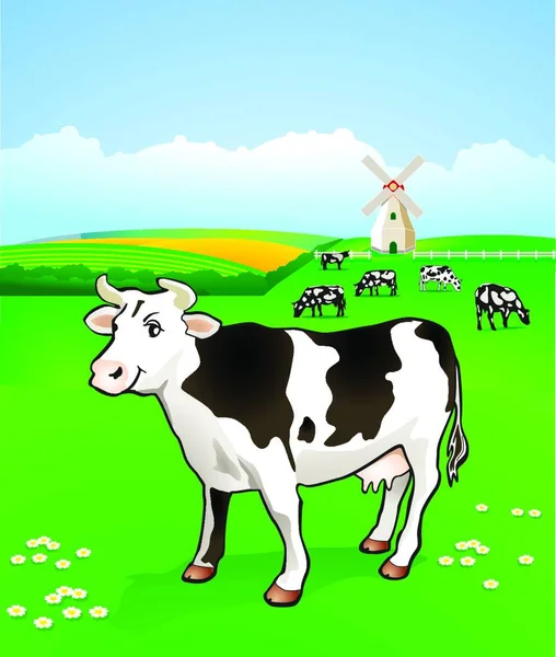 Kráva Pastvině Grafická Vektorová Ilustrace — Stockový vektor