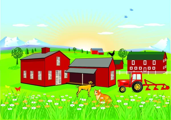 Bauernhof Mit Hund Und Katze Vektor Illustration — Stockvektor