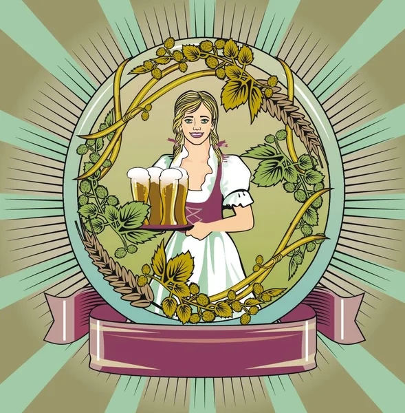 Bierkellnerin Etikettenvektorillustration — Stockvektor