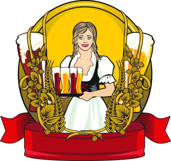 Bierfest Schöne Kellnerin Etikett — Stockvektor