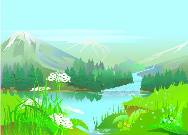 Skogssjö Vattenfall Grafisk Vektor Illustration — Stock vektor