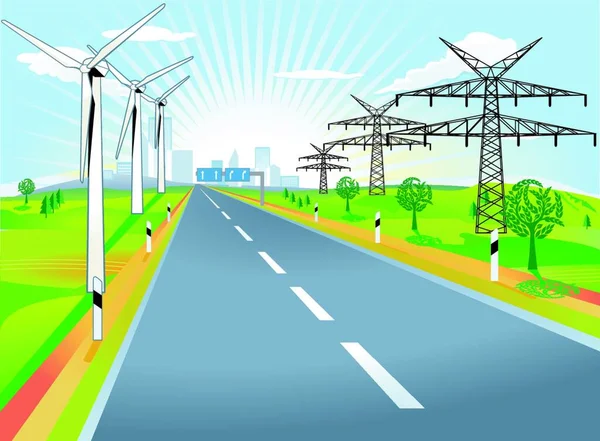 Landweg Met Windmolens Elektriciteitspalen Vector Illustratie Eenvoudig Ontwerp — Stockvector