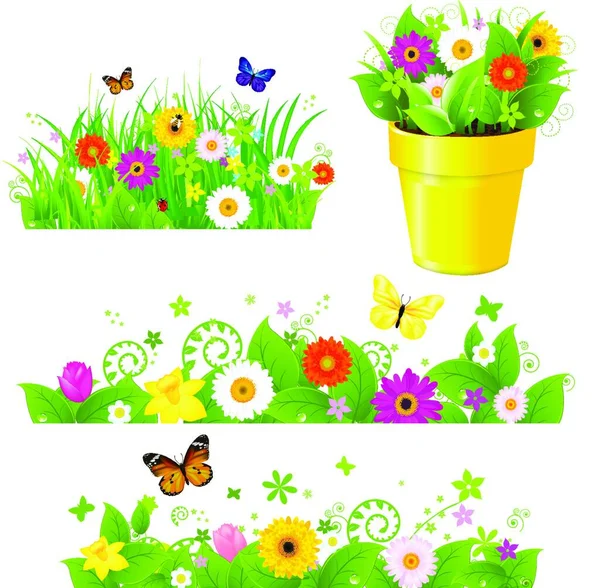 Hierba Verde Con Flores Conjunto — Vector de stock