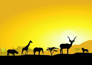 Savanadaki Afrika hayvanları, renkli çizimler. 