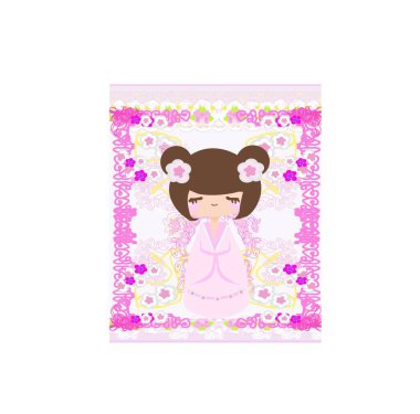 Çiçek süslemeli pembe arka planda Kokeshi bebeği, grafik vektör arkaplan 