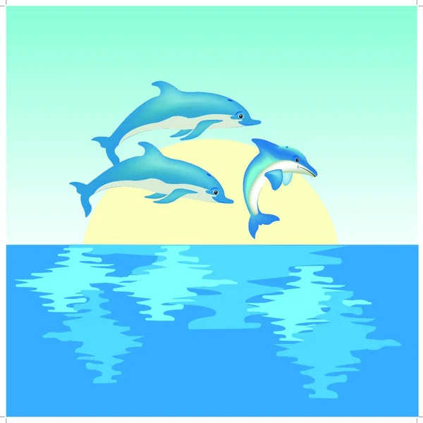 Δελφίνια Στην Ανατολή Του Ηλίου Διανυσματική Απεικόνιση Απλό Σχέδιο — Διανυσματικό Αρχείο
