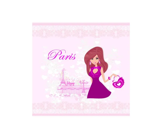Beautiful Travel Girl Paris Graphic Vector Background — Stock Vector